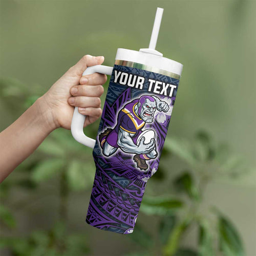 Personalised Melbourne Storm Tumbler With Handle Polynesian Tribal Pattern With Rugby Storm Man Mascot Art