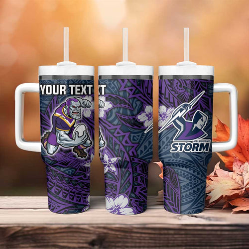 Personalised Melbourne Storm Tumbler With Handle Polynesian Tribal Pattern With Rugby Storm Man Mascot Art