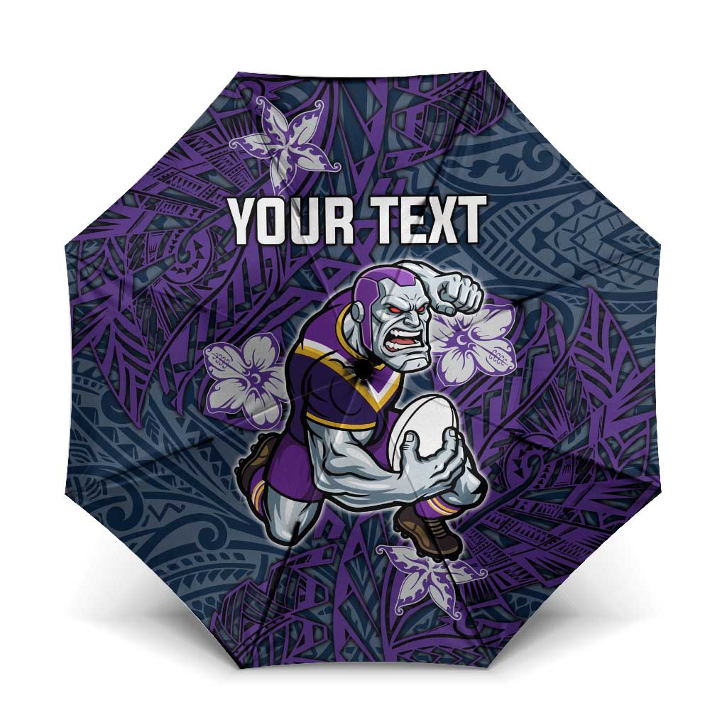 Personalised Melbourne Storm Umbrella Polynesian Tribal Pattern With Rugby Storm Man Mascot Art