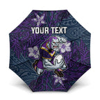 Personalised Melbourne Storm Umbrella Polynesian Tribal Pattern With Rugby Storm Man Mascot Art