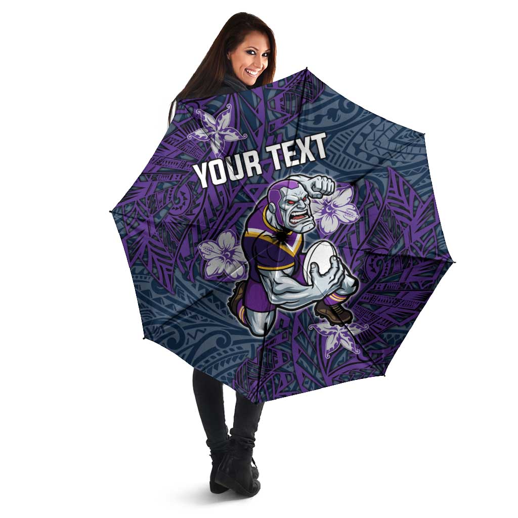 Personalised Melbourne Storm Umbrella Polynesian Tribal Pattern With Rugby Storm Man Mascot Art