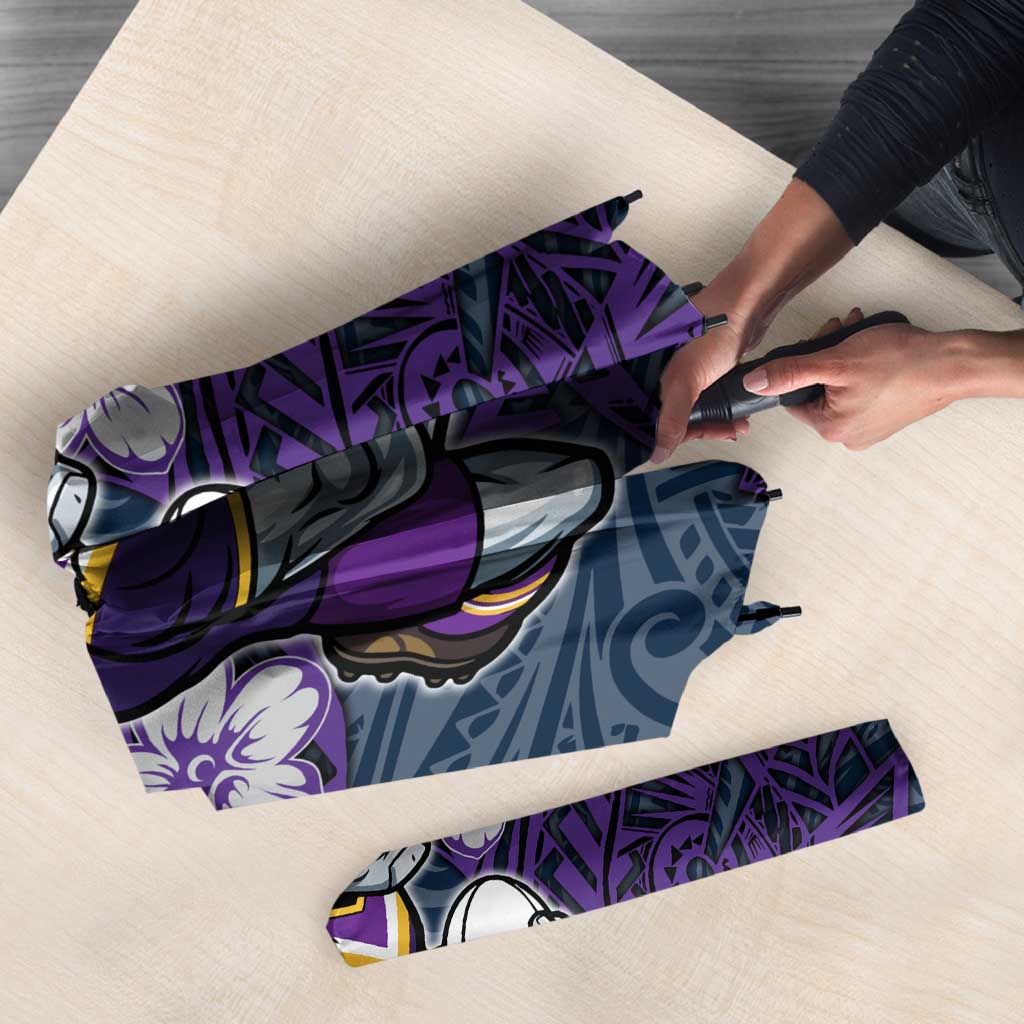 Personalised Melbourne Storm Umbrella Polynesian Tribal Pattern With Rugby Storm Man Mascot Art