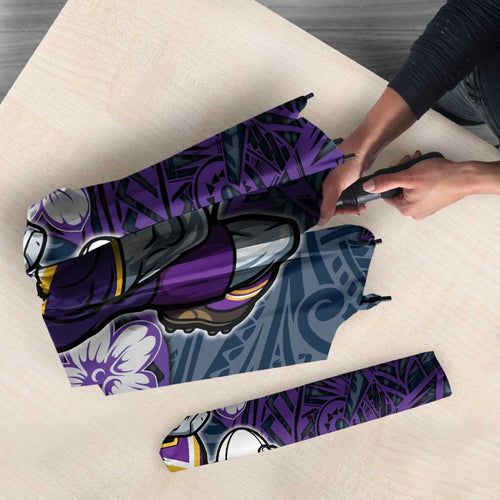 Personalised Melbourne Storm Umbrella Polynesian Tribal Pattern With Rugby Storm Man Mascot Art
