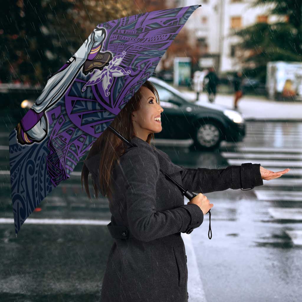 Personalised Melbourne Storm Umbrella Polynesian Tribal Pattern With Rugby Storm Man Mascot Art
