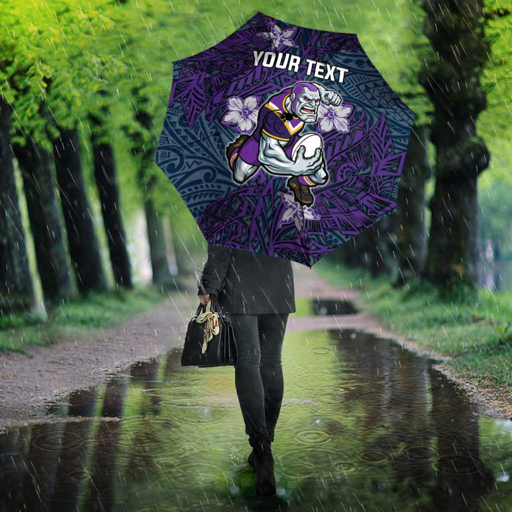 Personalised Melbourne Storm Umbrella Polynesian Tribal Pattern With Rugby Storm Man Mascot Art