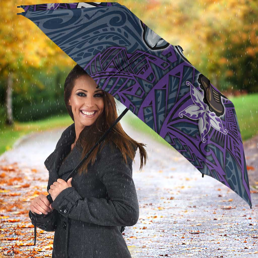 Personalised Melbourne Storm Umbrella Polynesian Tribal Pattern With Rugby Storm Man Mascot Art