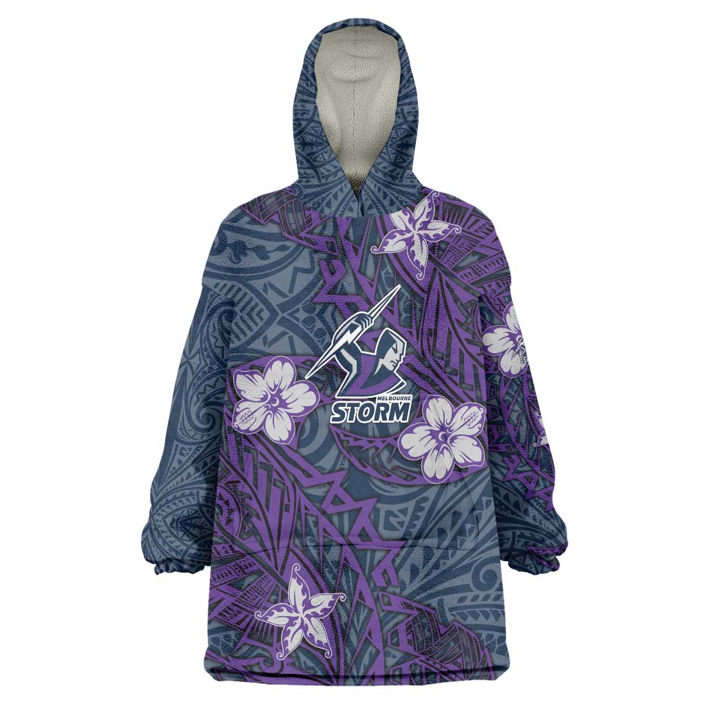 Personalised Melbourne Storm Wearable Blanket Hoodie Polynesian Tribal Pattern With Rugby Storm Man Mascot Art