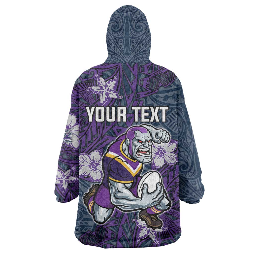 Personalised Melbourne Storm Wearable Blanket Hoodie Polynesian Tribal Pattern With Rugby Storm Man Mascot Art