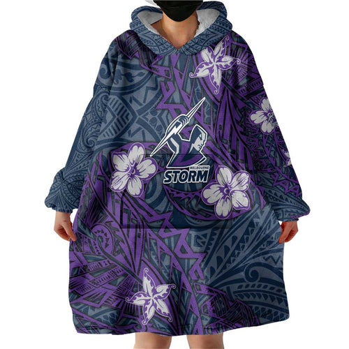 Personalised Melbourne Storm Wearable Blanket Hoodie Polynesian Tribal Pattern With Rugby Storm Man Mascot Art
