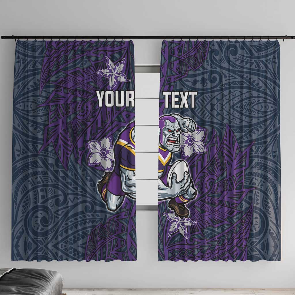 Personalised Melbourne Storm Window Curtain Polynesian Tribal Pattern With Rugby Storm Man Mascot Art