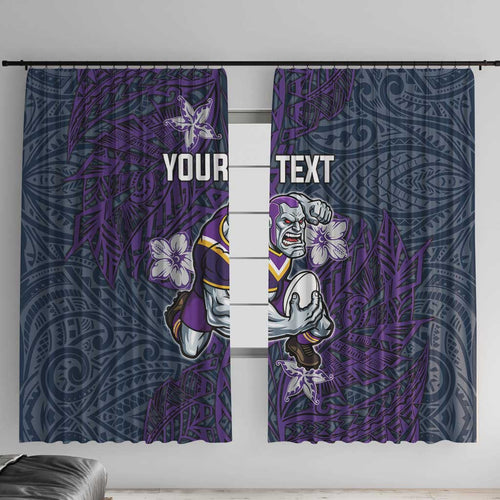 Personalised Melbourne Storm Window Curtain Polynesian Tribal Pattern With Rugby Storm Man Mascot Art
