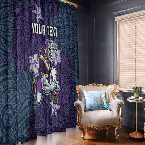 Personalised Melbourne Storm Window Curtain Polynesian Tribal Pattern With Rugby Storm Man Mascot Art