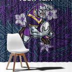 Personalised Melbourne Storm Window Curtain Polynesian Tribal Pattern With Rugby Storm Man Mascot Art