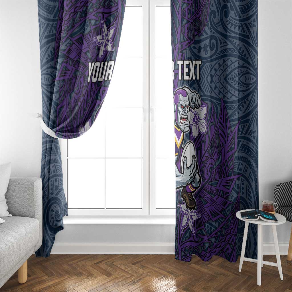 Personalised Melbourne Storm Window Curtain Polynesian Tribal Pattern With Rugby Storm Man Mascot Art