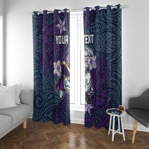 Personalised Melbourne Storm Window Curtain Polynesian Tribal Pattern With Rugby Storm Man Mascot Art