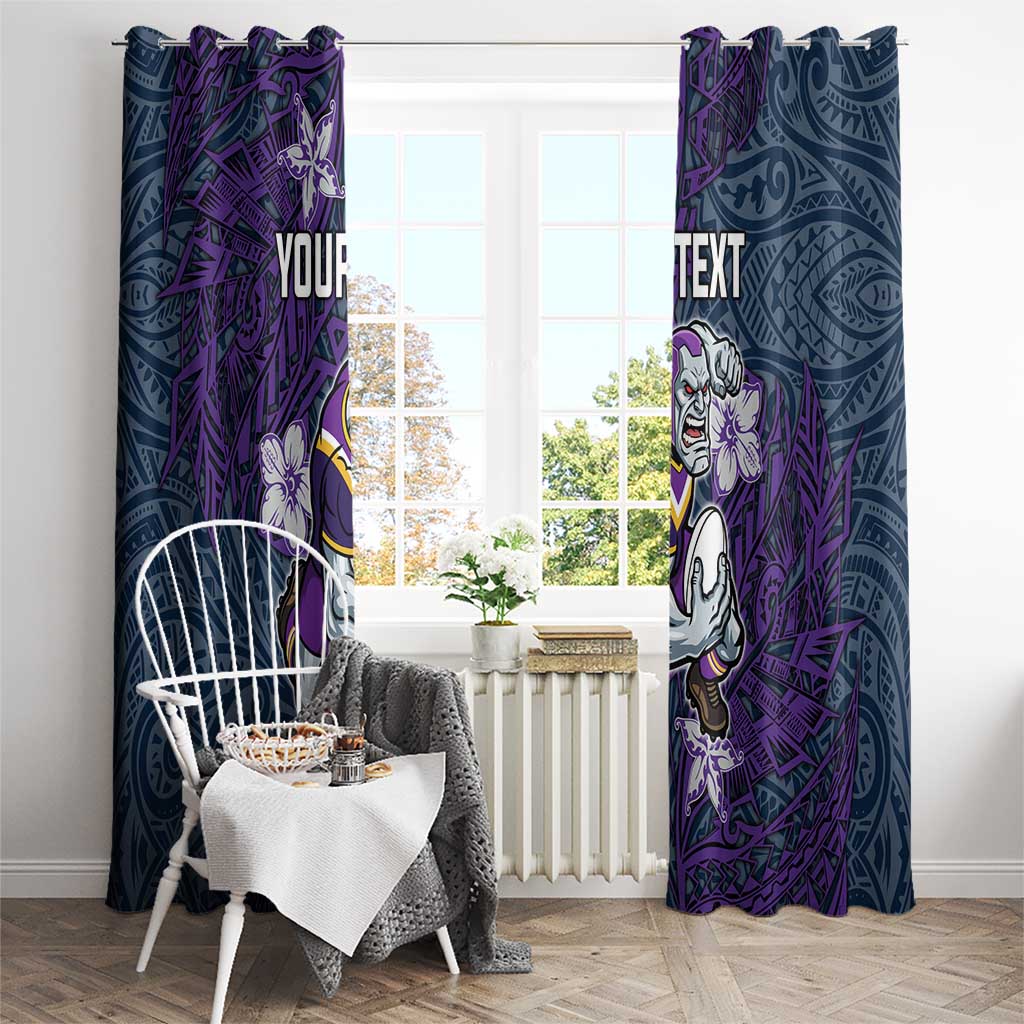 Personalised Melbourne Storm Window Curtain Polynesian Tribal Pattern With Rugby Storm Man Mascot Art