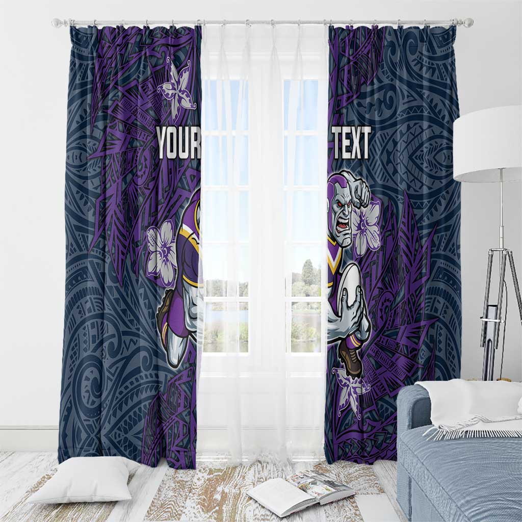 Personalised Melbourne Storm Window Curtain Polynesian Tribal Pattern With Rugby Storm Man Mascot Art
