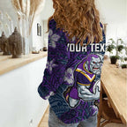Personalised Melbourne Storm Women Casual Shirt Polynesian Tribal Pattern With Rugby Storm Man Mascot Art