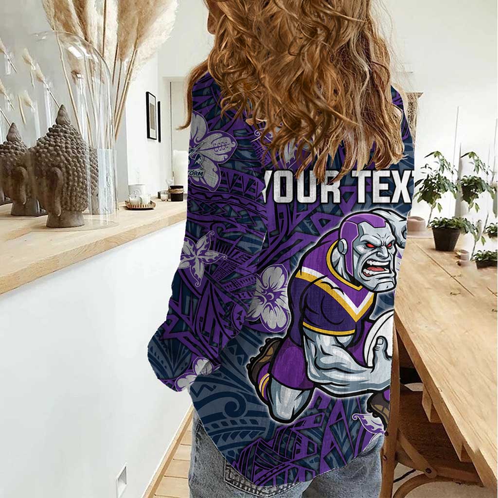 Personalised Melbourne Storm Women Casual Shirt Polynesian Tribal Pattern With Rugby Storm Man Mascot Art