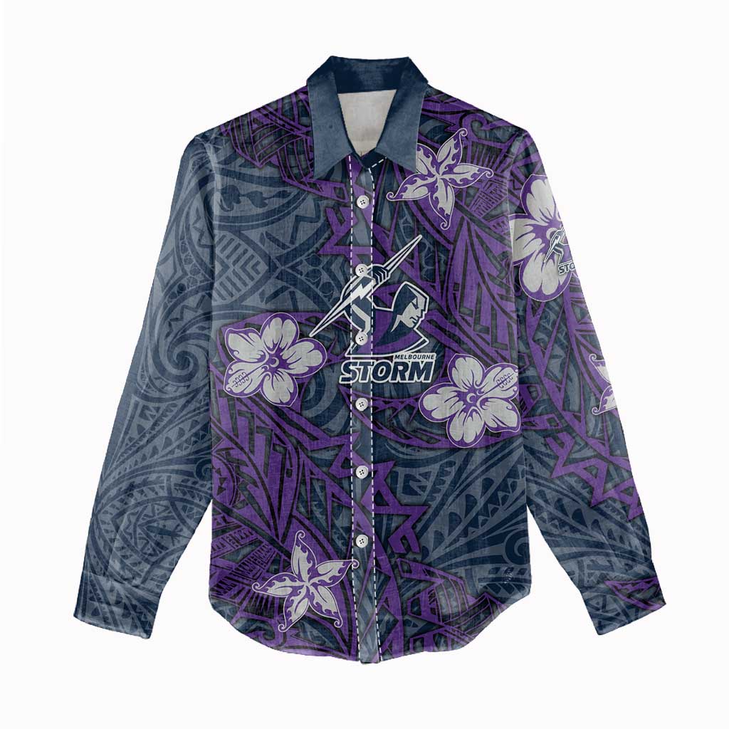 Personalised Melbourne Storm Women Casual Shirt Polynesian Tribal Pattern With Rugby Storm Man Mascot Art