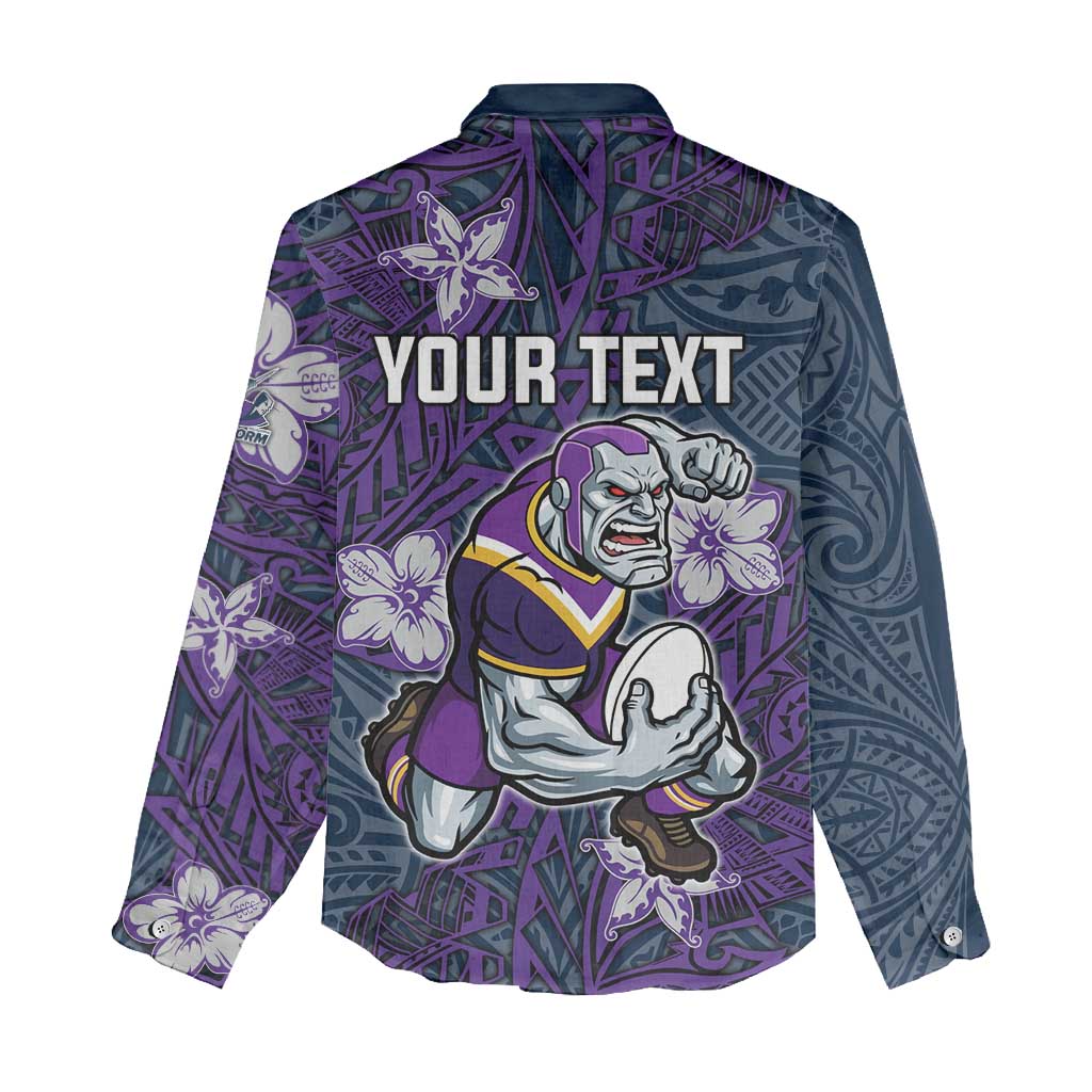 Personalised Melbourne Storm Women Casual Shirt Polynesian Tribal Pattern With Rugby Storm Man Mascot Art