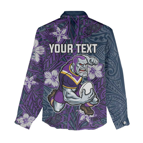 Personalised Melbourne Storm Women Casual Shirt Polynesian Tribal Pattern With Rugby Storm Man Mascot Art