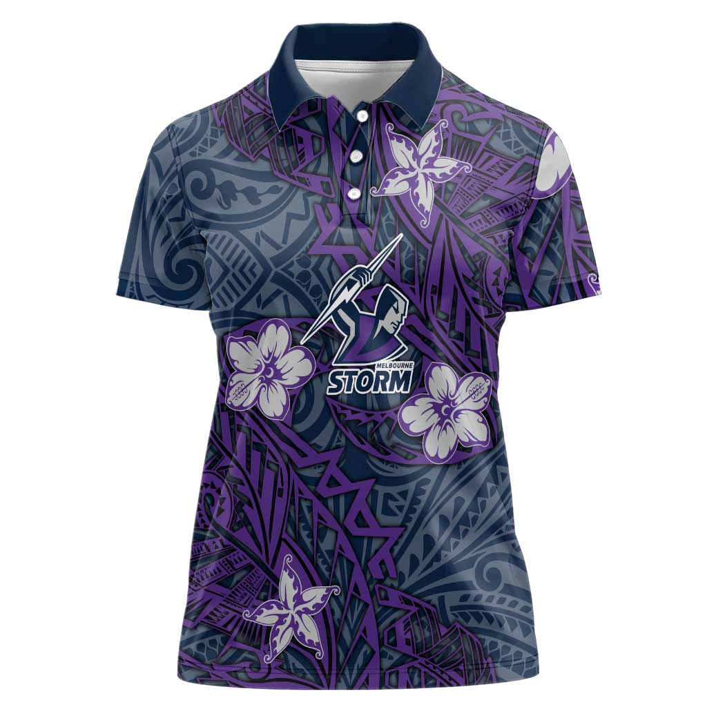 Personalised Melbourne Storm Women Polo Shirt Polynesian Tribal Pattern With Rugby Storm Man Mascot Art