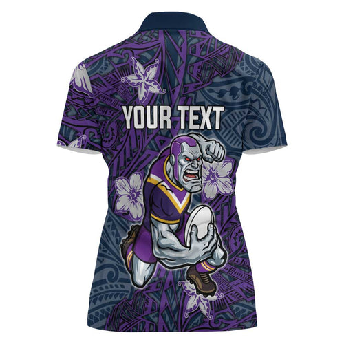 Personalised Melbourne Storm Women Polo Shirt Polynesian Tribal Pattern With Rugby Storm Man Mascot Art