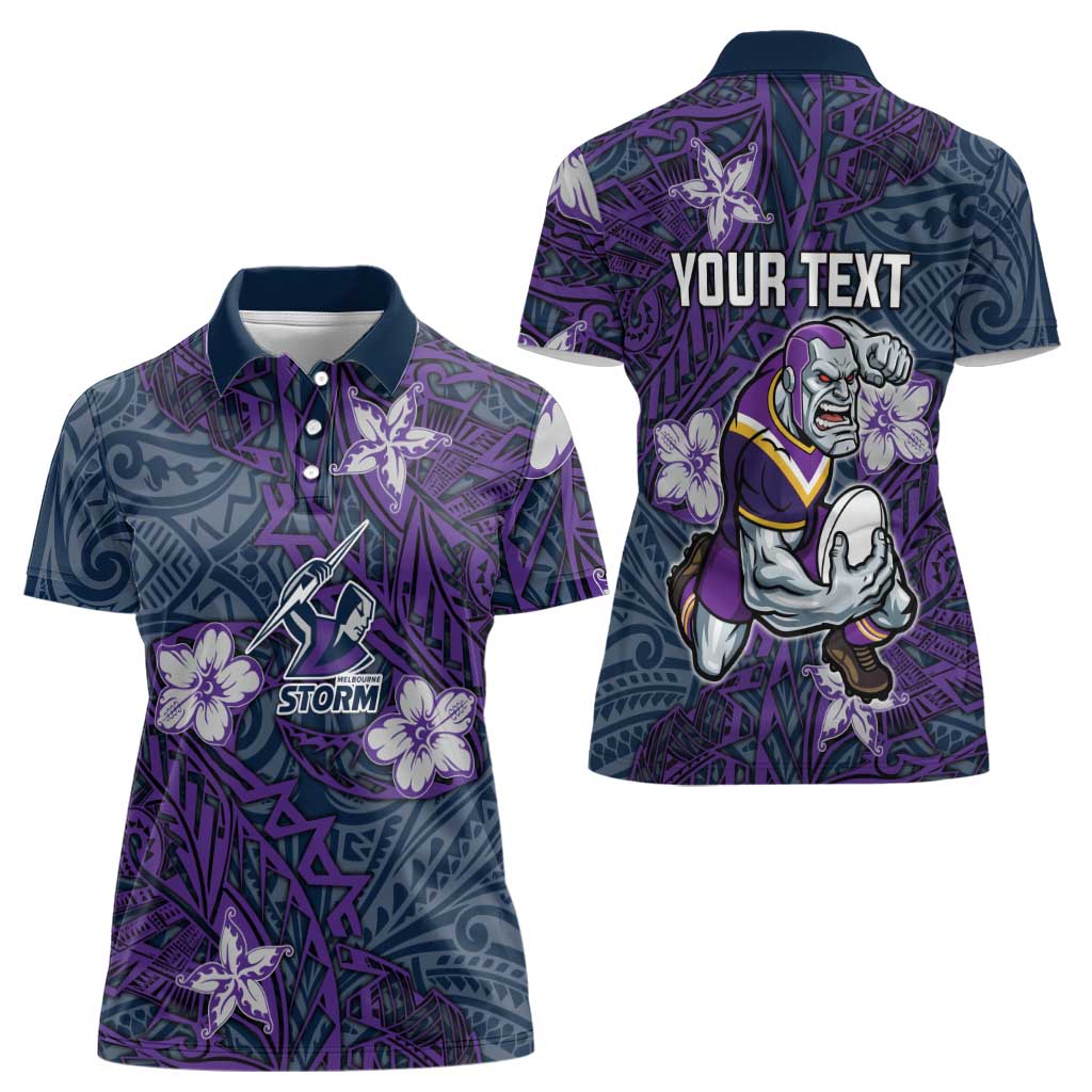 Personalised Melbourne Storm Women Polo Shirt Polynesian Tribal Pattern With Rugby Storm Man Mascot Art