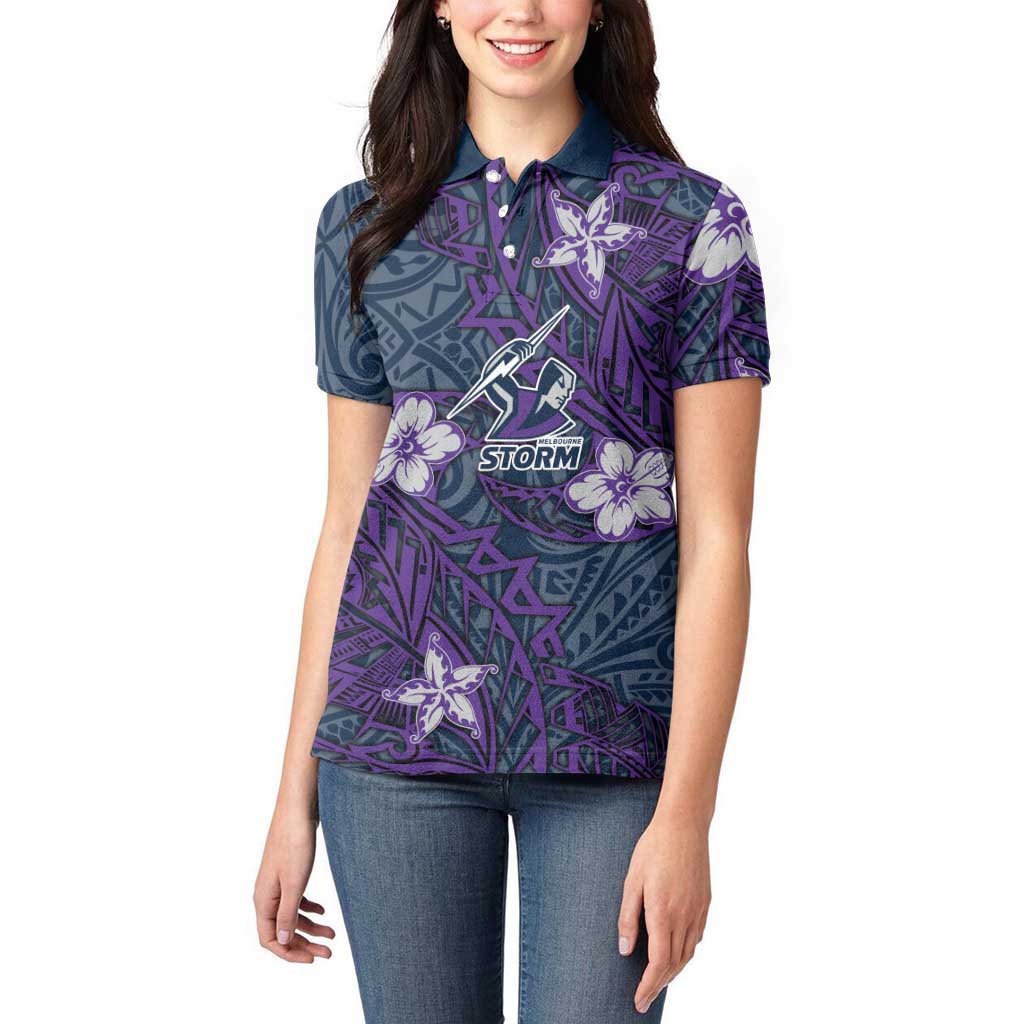 Personalised Melbourne Storm Women Polo Shirt Polynesian Tribal Pattern With Rugby Storm Man Mascot Art