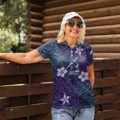 Personalised Melbourne Storm Women Polo Shirt Polynesian Tribal Pattern With Rugby Storm Man Mascot Art