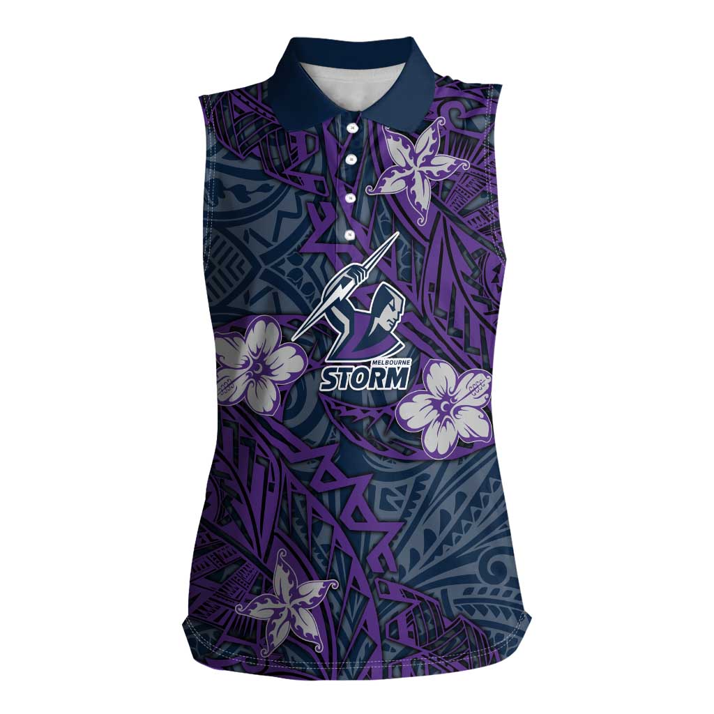 Personalised Melbourne Storm Women Sleeveless Polo Shirt Polynesian Tribal Pattern With Rugby Storm Man Mascot Art
