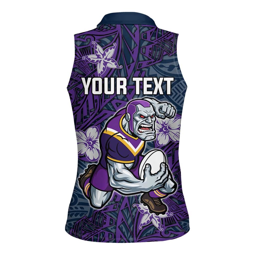 Personalised Melbourne Storm Women Sleeveless Polo Shirt Polynesian Tribal Pattern With Rugby Storm Man Mascot Art