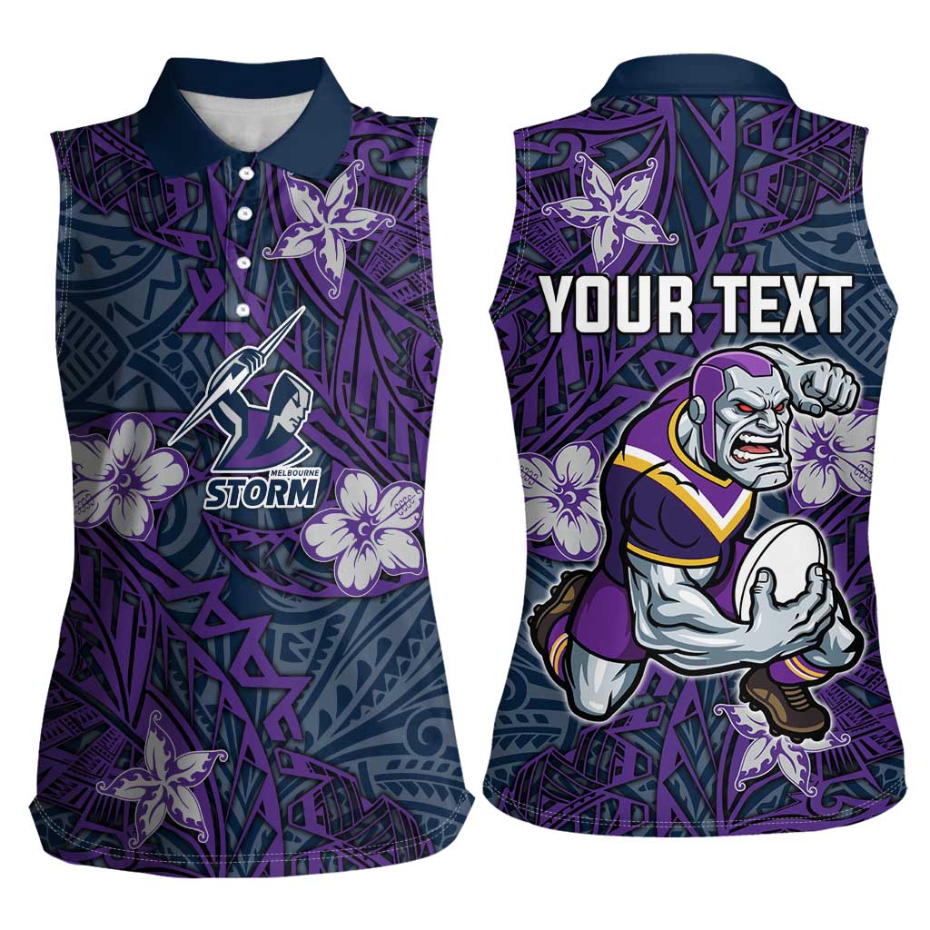 Personalised Melbourne Storm Women Sleeveless Polo Shirt Polynesian Tribal Pattern With Rugby Storm Man Mascot Art