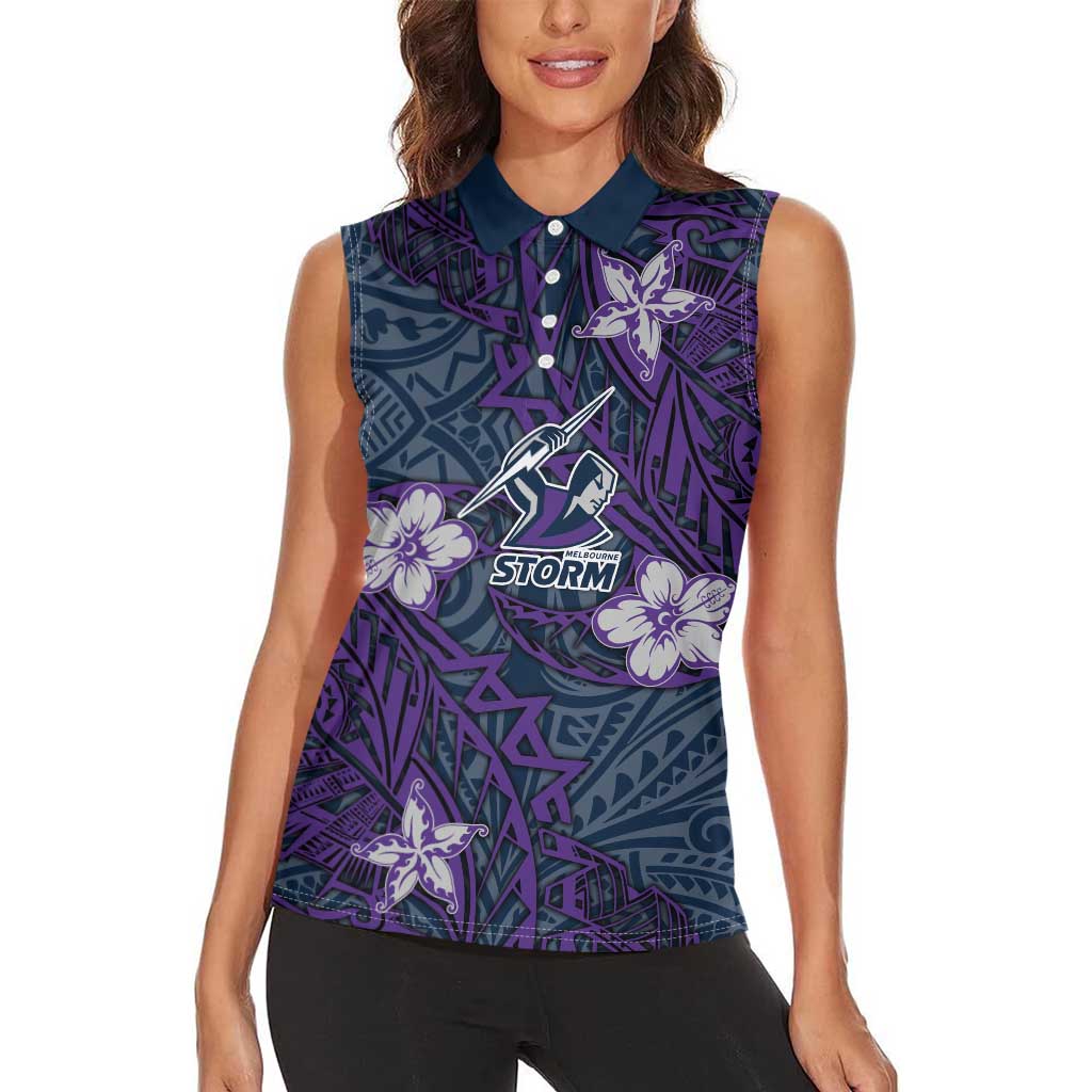 Personalised Melbourne Storm Women Sleeveless Polo Shirt Polynesian Tribal Pattern With Rugby Storm Man Mascot Art