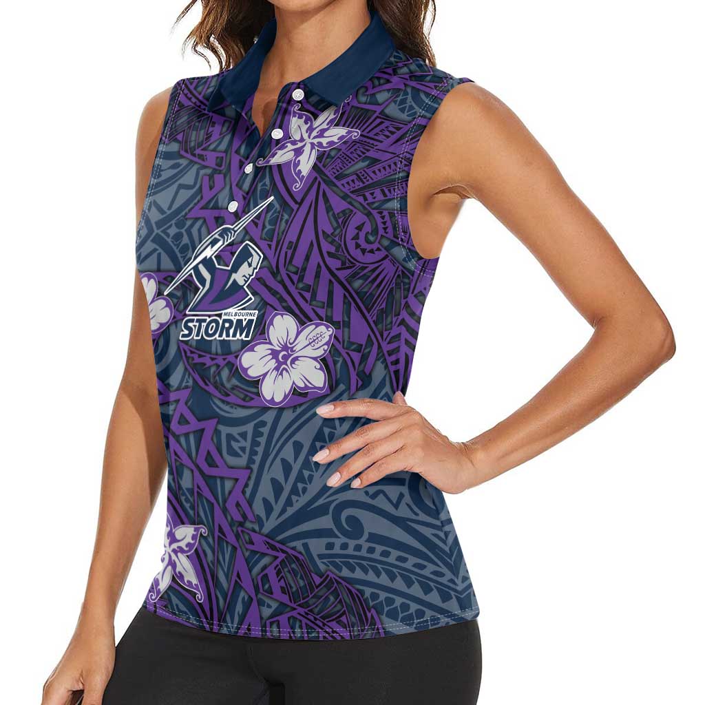 Personalised Melbourne Storm Women Sleeveless Polo Shirt Polynesian Tribal Pattern With Rugby Storm Man Mascot Art