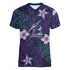 Personalised Melbourne Storm Women V-Neck T-Shirt Polynesian Tribal Pattern With Rugby Storm Man Mascot Art