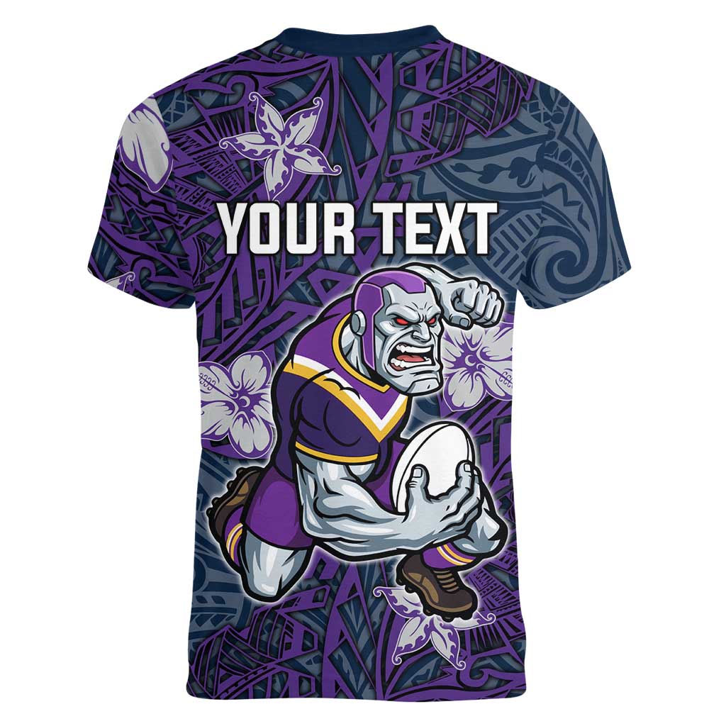 Personalised Melbourne Storm Women V-Neck T-Shirt Polynesian Tribal Pattern With Rugby Storm Man Mascot Art