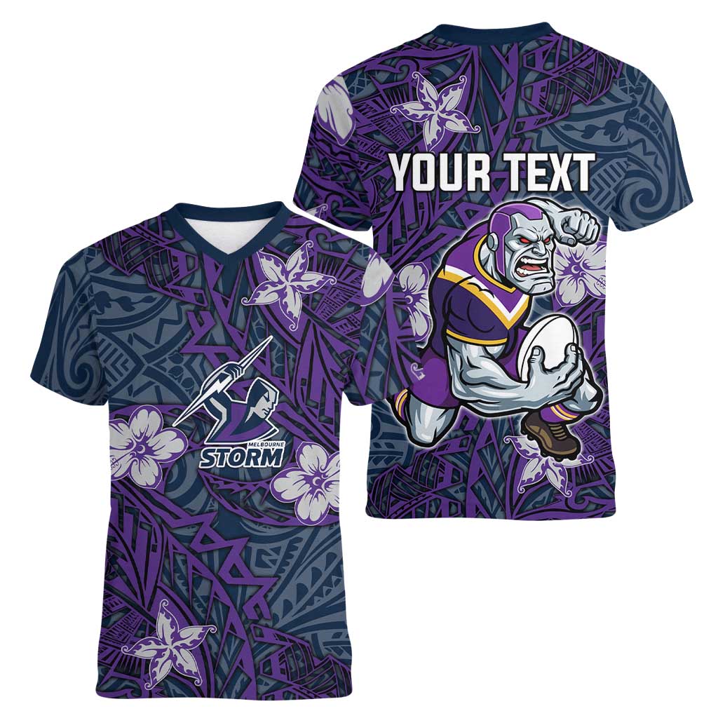 Personalised Melbourne Storm Women V-Neck T-Shirt Polynesian Tribal Pattern With Rugby Storm Man Mascot Art