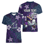 Personalised Melbourne Storm Women V-Neck T-Shirt Polynesian Tribal Pattern With Rugby Storm Man Mascot Art