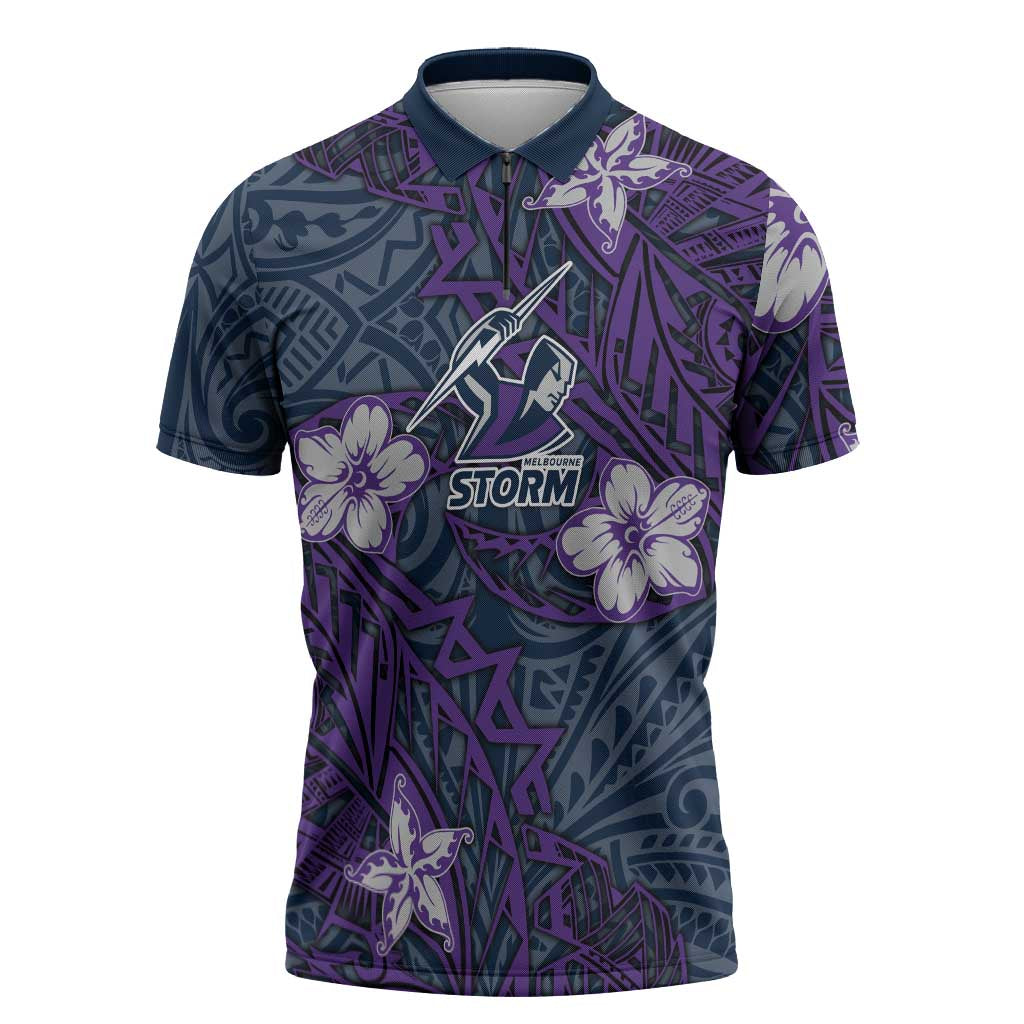 Personalised Melbourne Storm Zipper Polo Shirt Polynesian Tribal Pattern With Rugby Storm Man Mascot Art