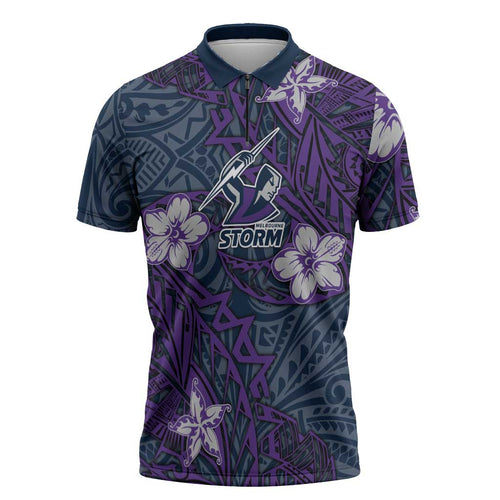 Personalised Melbourne Storm Zipper Polo Shirt Polynesian Tribal Pattern With Rugby Storm Man Mascot Art