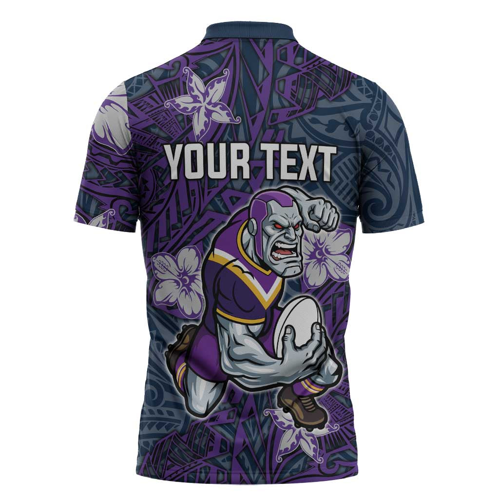 Personalised Melbourne Storm Zipper Polo Shirt Polynesian Tribal Pattern With Rugby Storm Man Mascot Art