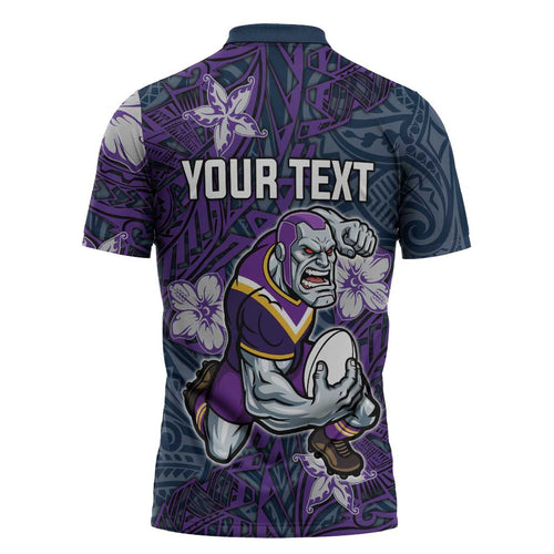Personalised Melbourne Storm Zipper Polo Shirt Polynesian Tribal Pattern With Rugby Storm Man Mascot Art