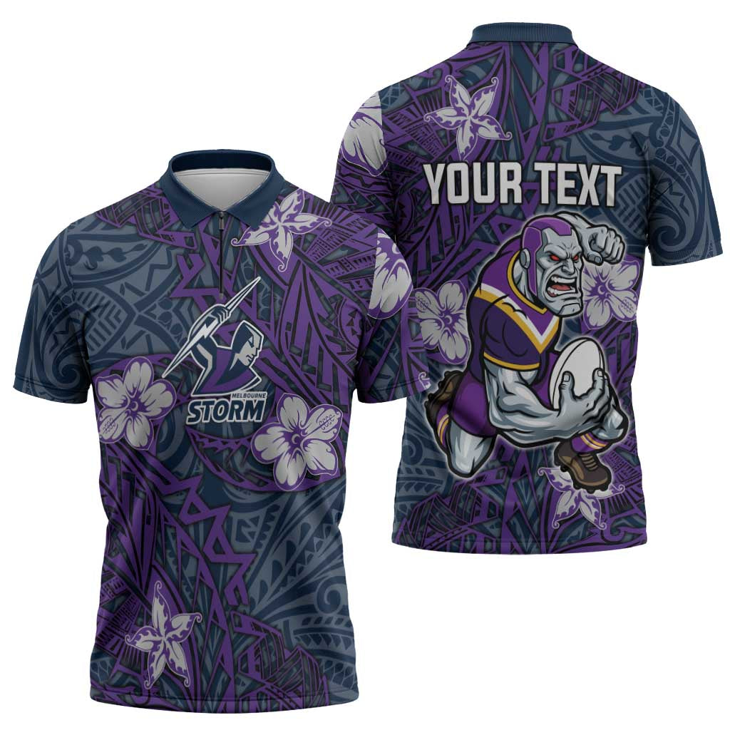 Personalised Melbourne Storm Zipper Polo Shirt Polynesian Tribal Pattern With Rugby Storm Man Mascot Art