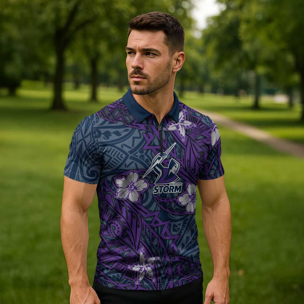 Personalised Melbourne Storm Zipper Polo Shirt Polynesian Tribal Pattern With Rugby Storm Man Mascot Art