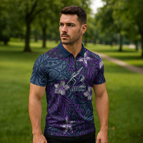 Personalised Melbourne Storm Zipper Polo Shirt Polynesian Tribal Pattern With Rugby Storm Man Mascot Art