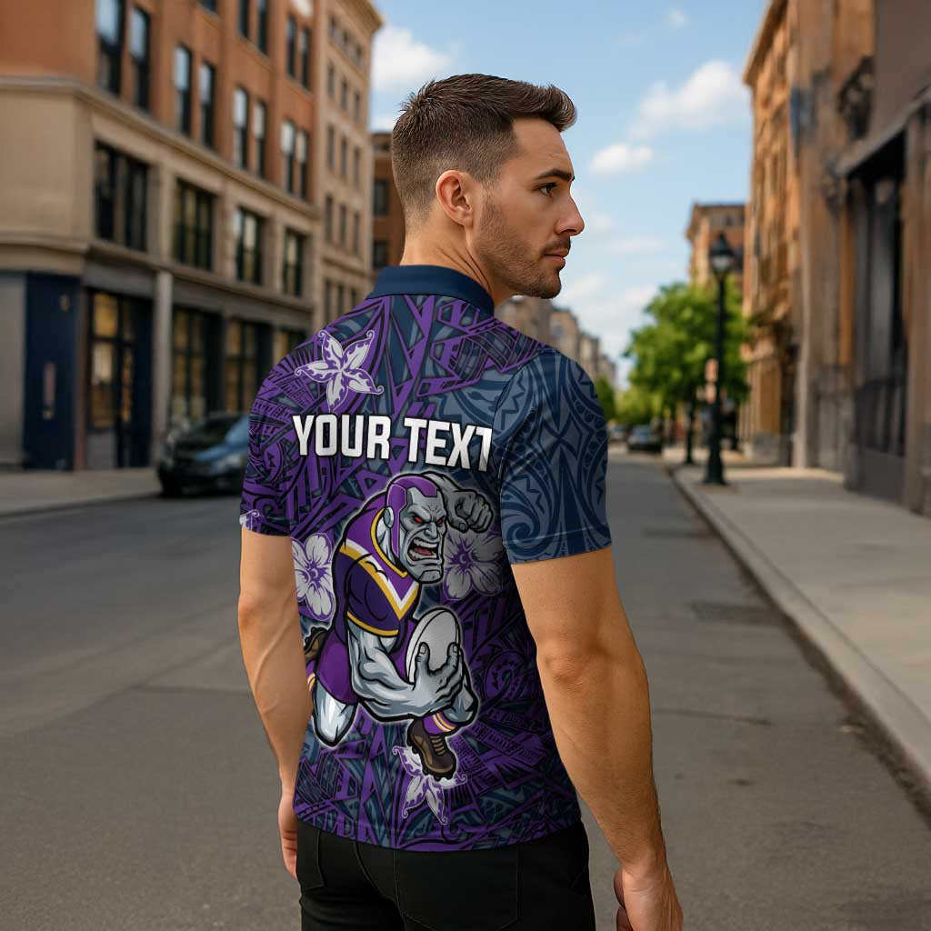 Personalised Melbourne Storm Zipper Polo Shirt Polynesian Tribal Pattern With Rugby Storm Man Mascot Art