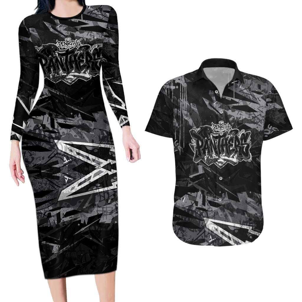 Personalized Penrith Panthers Couples Matching Long Sleeve Bodycon Dress and Hawaiian Shirt Graffiti Grunge Abstract Urban Street Style Design