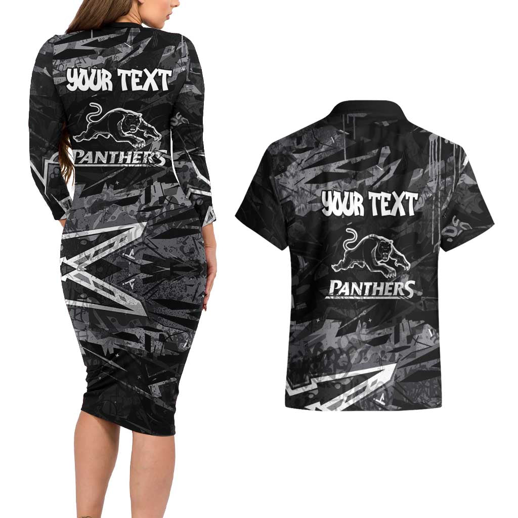 Personalized Penrith Panthers Couples Matching Long Sleeve Bodycon Dress and Hawaiian Shirt Graffiti Grunge Abstract Urban Street Style Design
